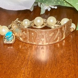 Fun CRAZY Toggle Bracelet.  Antique Hammered Gold Tone Patina, with faux pearls.